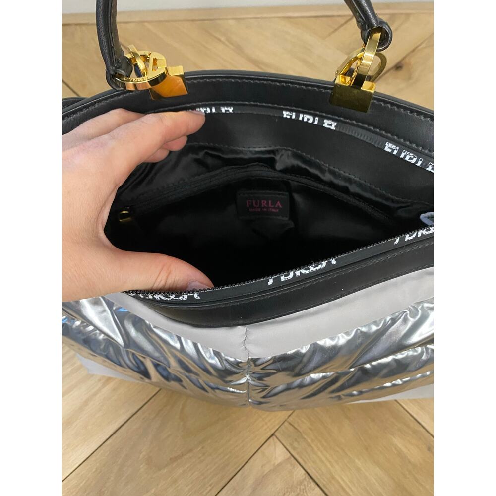 Furla Metallic Silver Puffer Nylon Tote Bag Black Leather Trim - Picture 6 of 7